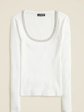 NWT J. Crew Crystal-Trim White Scoop Neck Long-Sleeve Top